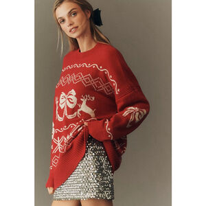 Anthropologie Maeve Red & White Fair Isle Oversized Holiday Sweater Womens 1X